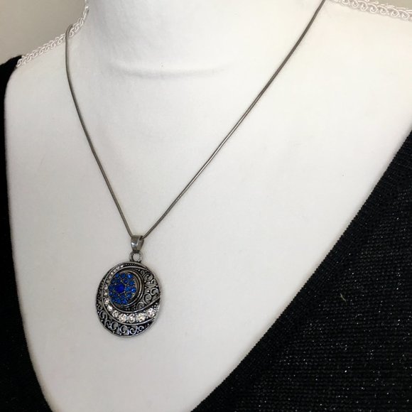 Silver Tone Blue Rhinestone Medallion Necklace - Picture 5 of 7